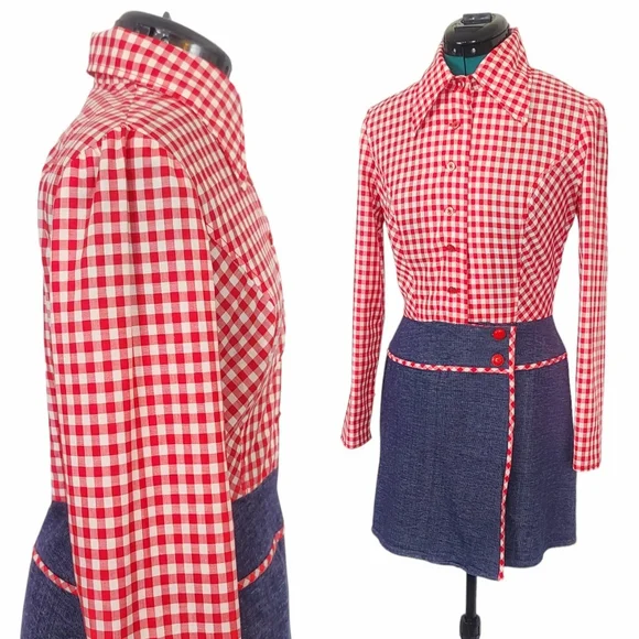 1960s Romper 1970s Jumpsuit Vintage Mini Dress Shorts Red White Blue Gingham - Picture 4 of 7